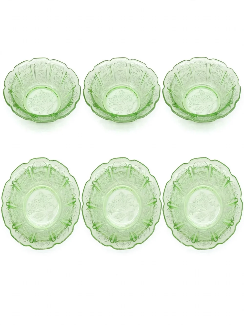 Vintage Anchor Hocking Cherry Blossom Uranium Glass 6pc Set 3 Bowl,3 Saucers Set